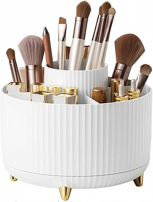 Ultimate 360° Rotating Makeup Organiser: Stylish Brush Holder with 5 Compartments for Effortless Storage & Accessibility in Cream White